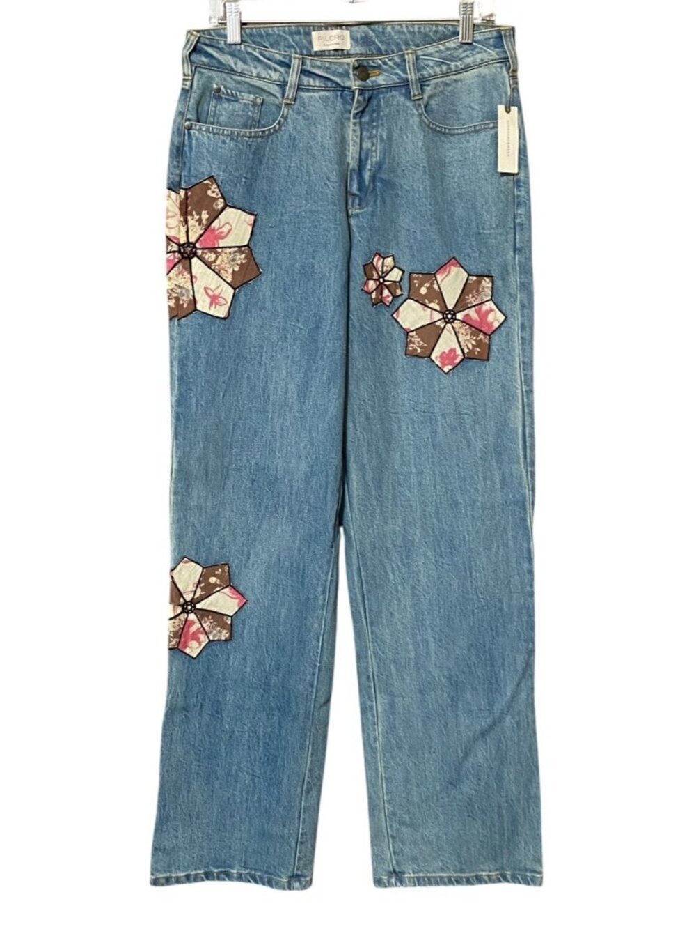 Pilcro Anthro Womens 28T Light Wash Baggy Boyfriend Jeans Floral Applique NWT